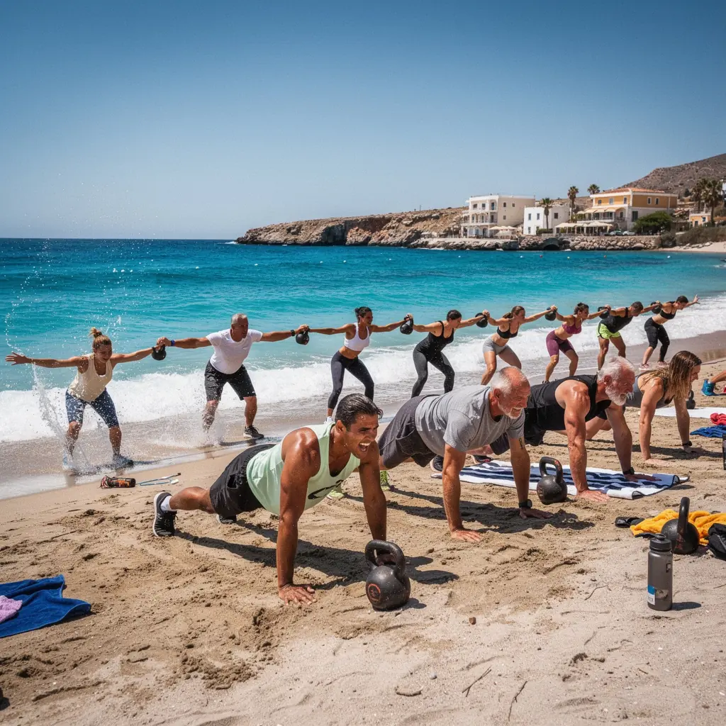 Ομαδική προπόνηση υψηλής έντασης σε ανοιχτό χώρο κοντά στη θάλασσα.